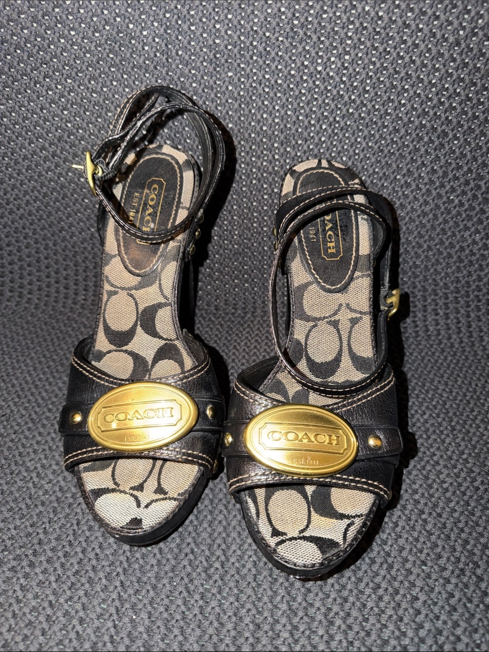 Coach Black Leather and Signature Canvas Open-Toe Heels with Gold Plaque